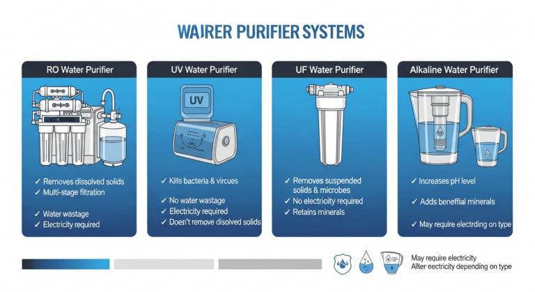 Difference Between RO, UV, UF and Alkin Water Purifiers 